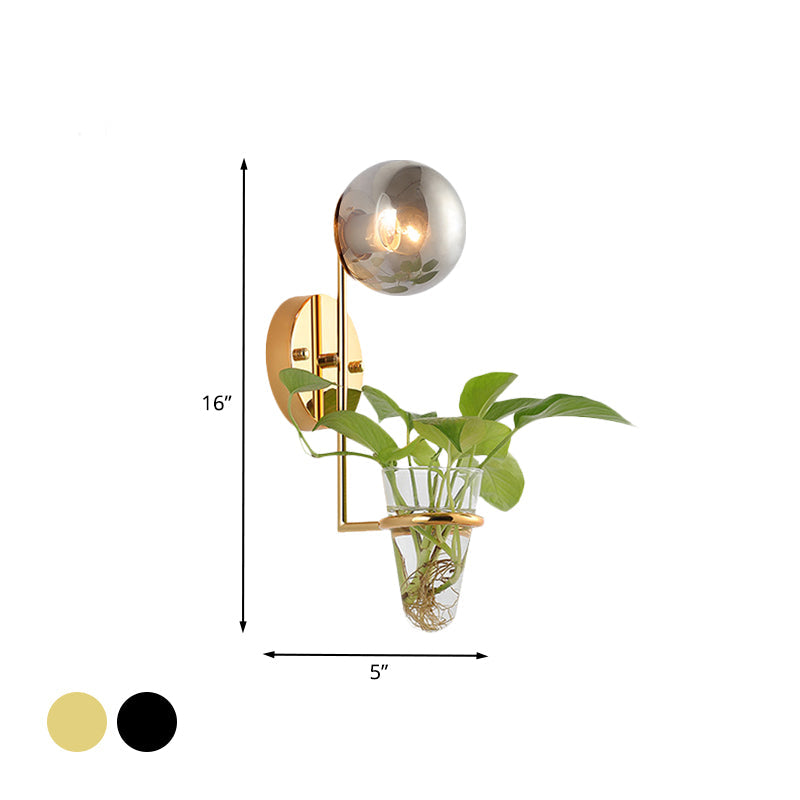 BowLift | 1 Bulb Wall Lamp Industrial Global Cream/Smoke Grey Glass Wall Light in Black/Gold with Clear Glass Plant Cup