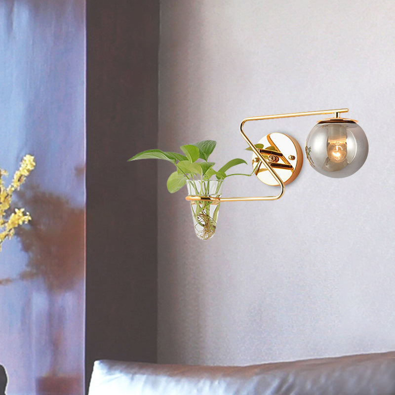 BowLift | Global Bedroom Wall Light Industrial Cream/Smoke Grey Glass 1 Head Black/Gold Wall Lamp with Clear Glass Plant Holder