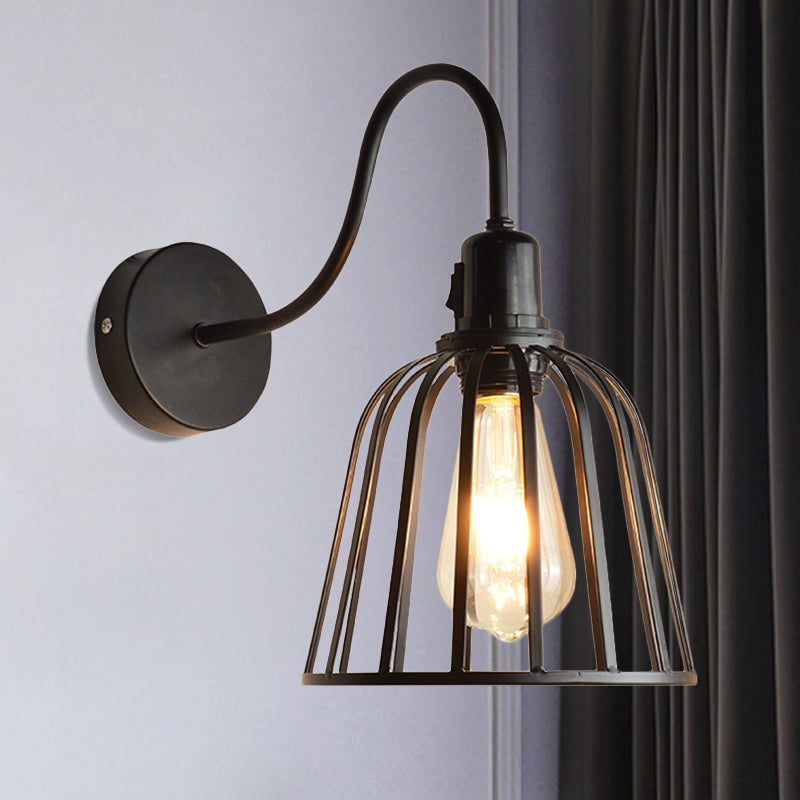BowLift | Gooseneck Arm Metal Wall Light with Bell Cage Shade Retro 1 Light Dining Room Wall Lamp in Black