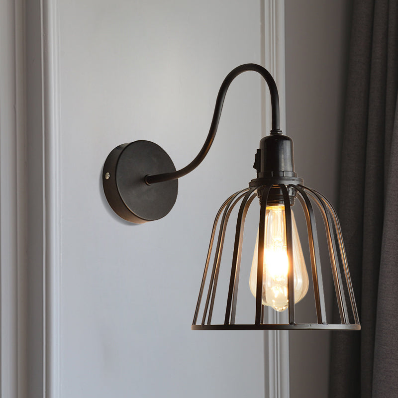 BowLift | Gooseneck Arm Metal Wall Light with Bell Cage Shade Retro 1 Light Dining Room Wall Lamp in Black