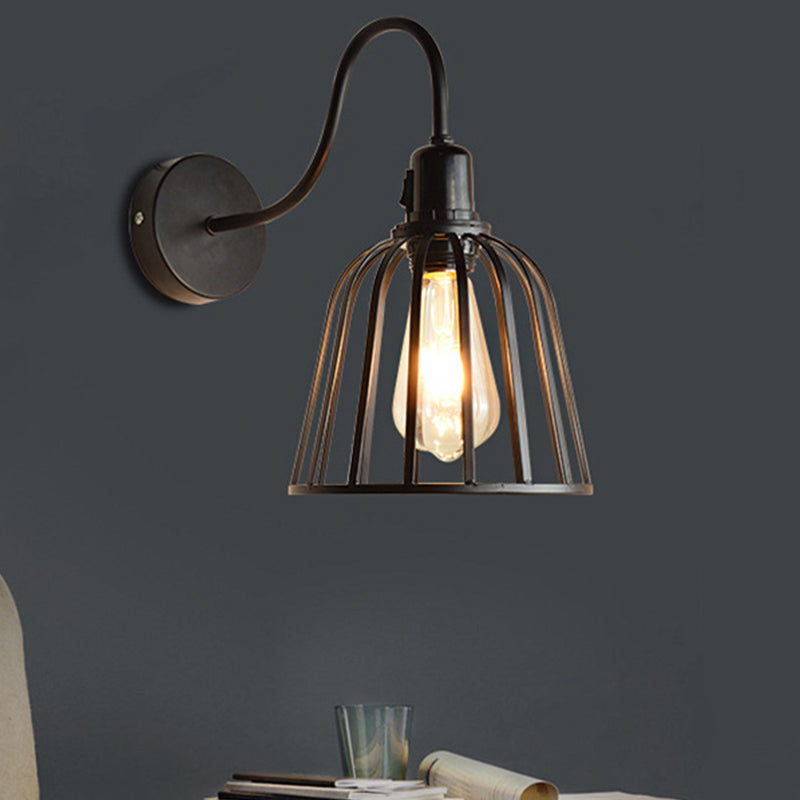 BowLift | Gooseneck Arm Metal Wall Light with Bell Cage Shade Retro 1 Light Dining Room Wall Lamp in Black