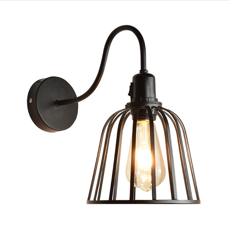 BowLift | Gooseneck Arm Metal Wall Light with Bell Cage Shade Retro 1 Light Dining Room Wall Lamp in Black