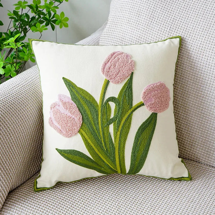 BowLift | Floral Embroidered Tulip & Orchid Cushion Cover