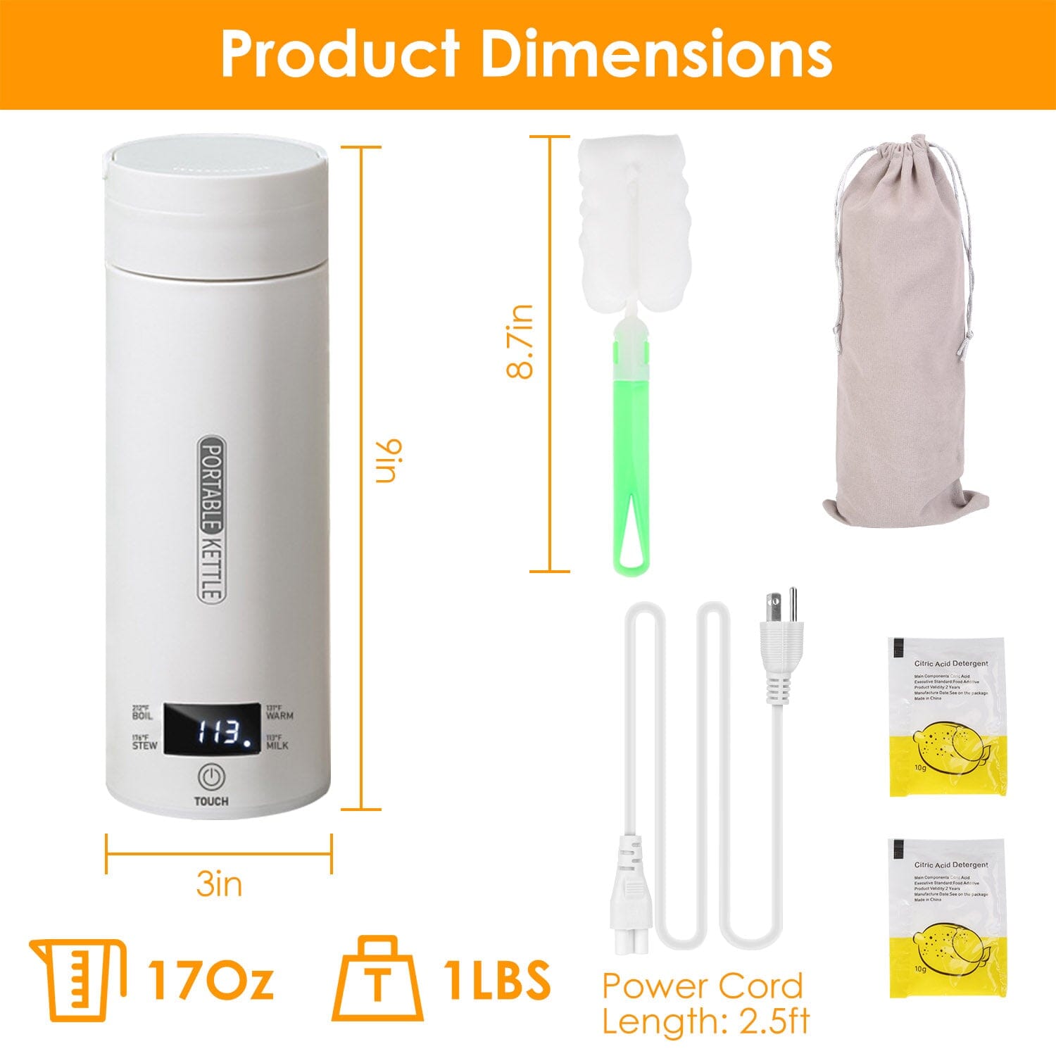 BowLift | 17Oz Stainless Steel Travel Electric Kettle with 4 Temperature Presets