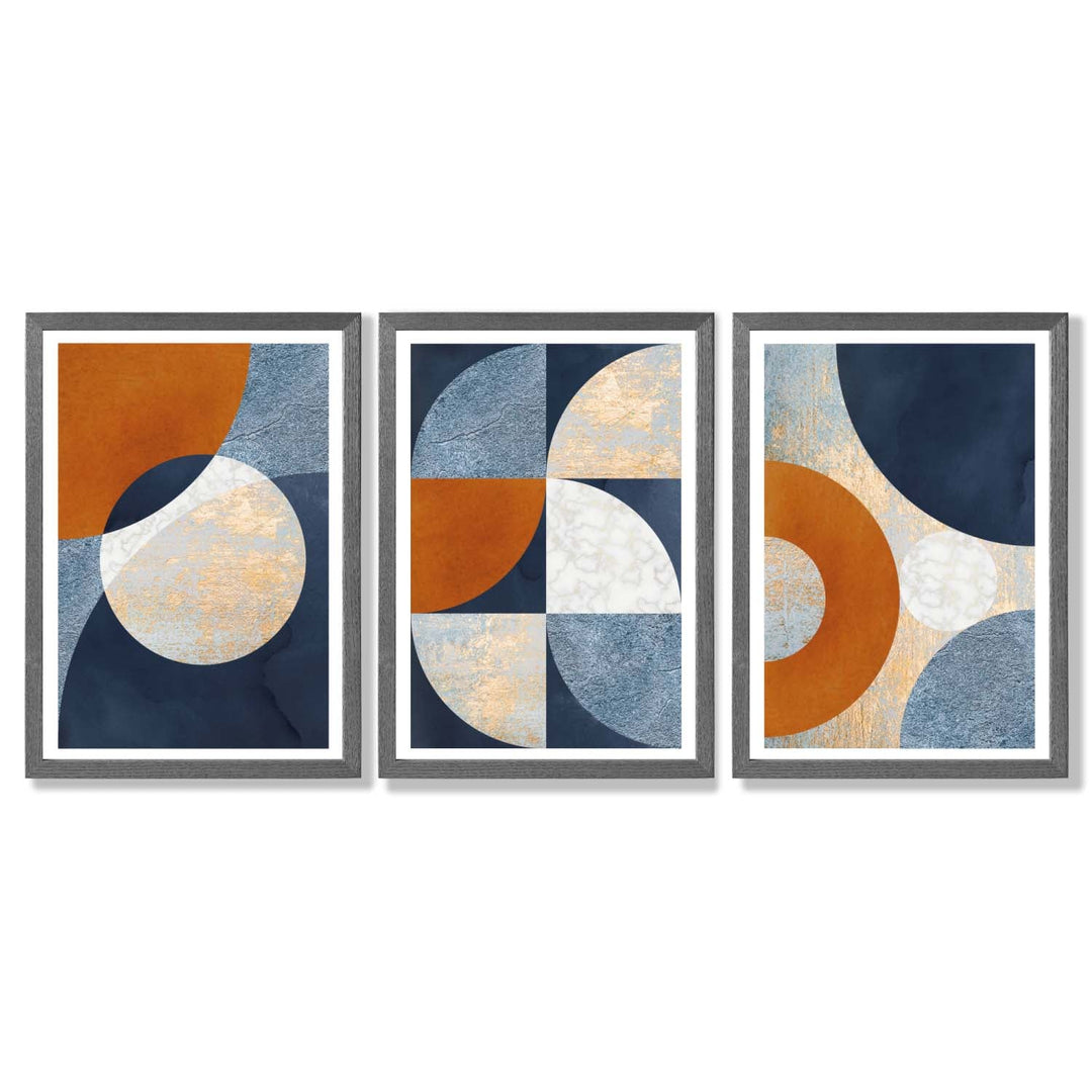 Abstract GEOMETRIC Set of 3 Navy Blue Orange and Gold Framed Art Prints | Bowlift