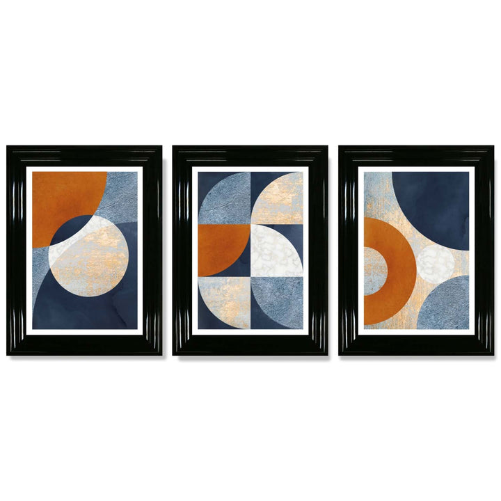 Abstract GEOMETRIC Set of 3 Navy Blue Orange and Gold Framed Art Prints | Bowlift