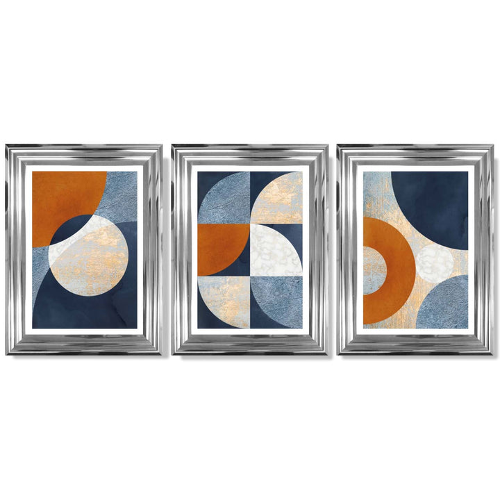 Abstract GEOMETRIC Set of 3 Navy Blue Orange and Gold Framed Art Prints | Bowlift