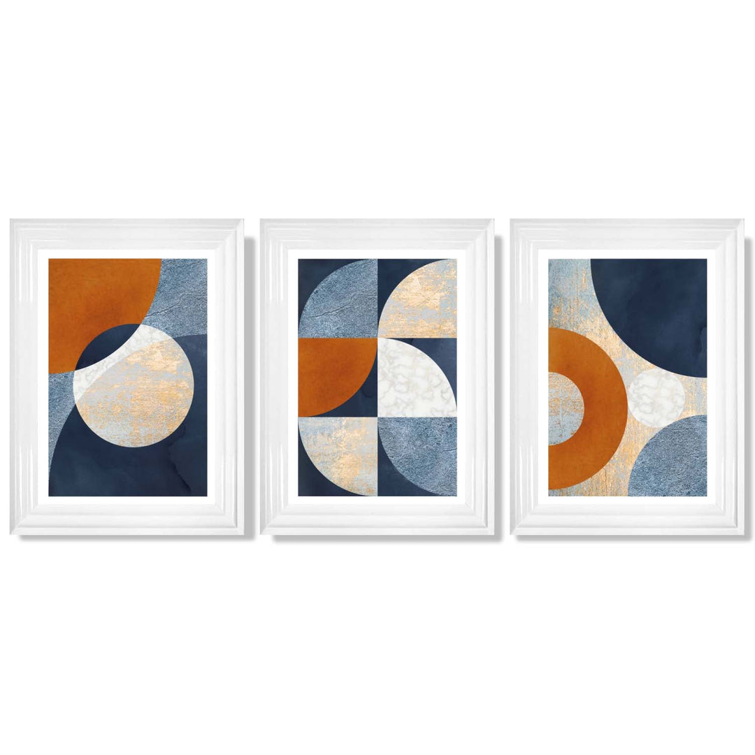 Abstract GEOMETRIC Set of 3 Navy Blue Orange and Gold Framed Art Prints | Bowlift