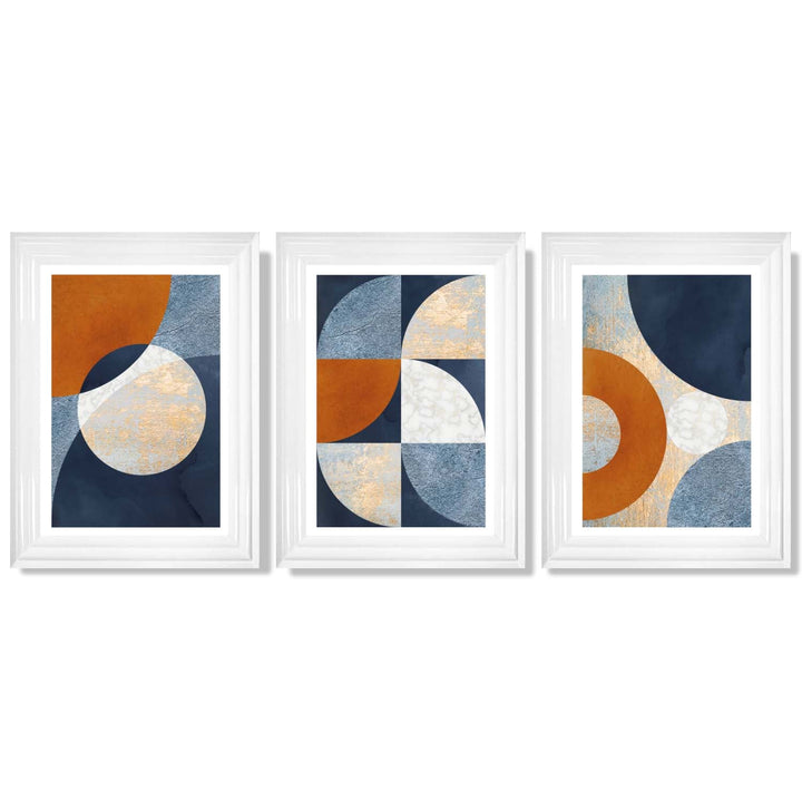 Abstract GEOMETRIC Set of 3 Navy Blue Orange and Gold Framed Art Prints | Bowlift