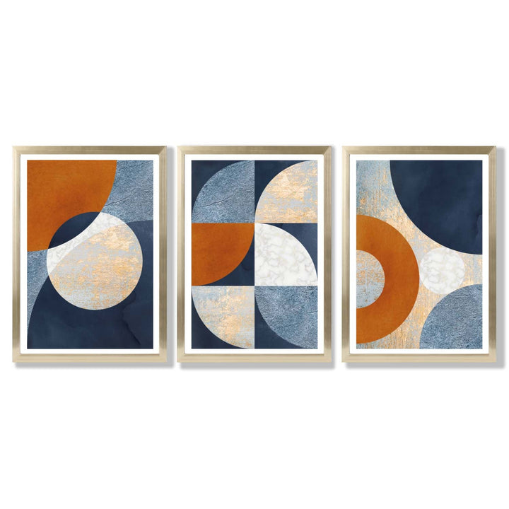 Abstract GEOMETRIC Set of 3 Navy Blue Orange and Gold Framed Art Prints | Bowlift