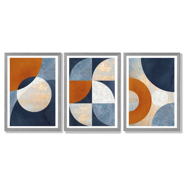Abstract GEOMETRIC Set of 3 Navy Blue Orange and Gold Framed Art Prints | Bowlift