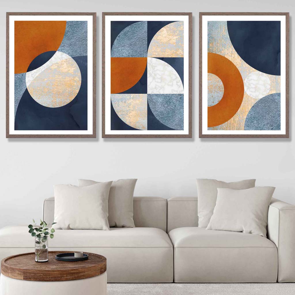 Abstract GEOMETRIC Set of 3 Navy Blue Orange and Gold Framed Art Prints | Bowlift