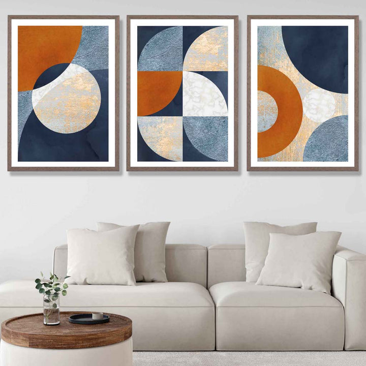 Abstract GEOMETRIC Set of 3 Navy Blue Orange and Gold Framed Art Prints | Bowlift