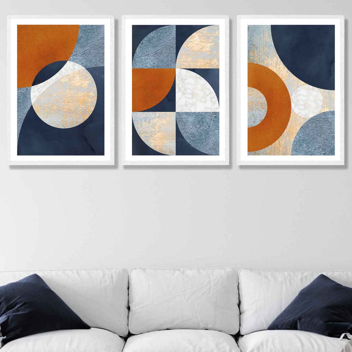 Abstract GEOMETRIC Set of 3 Navy Blue Orange and Gold Framed Art Prints | Bowlift