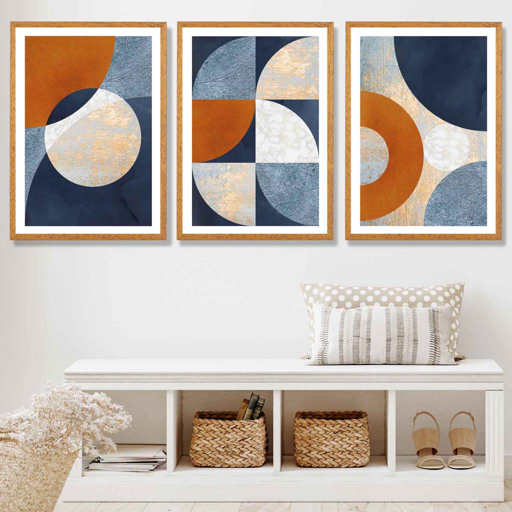 Abstract GEOMETRIC Set of 3 Navy Blue Orange and Gold Framed Art Prints | Bowlift