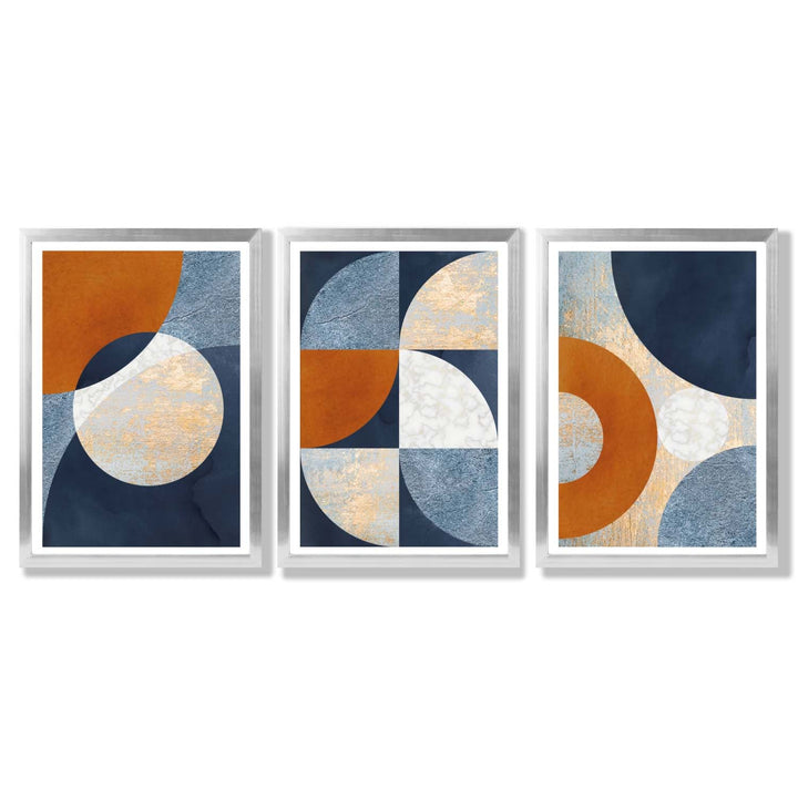 Abstract GEOMETRIC Set of 3 Navy Blue Orange and Gold Framed Art Prints | Bowlift