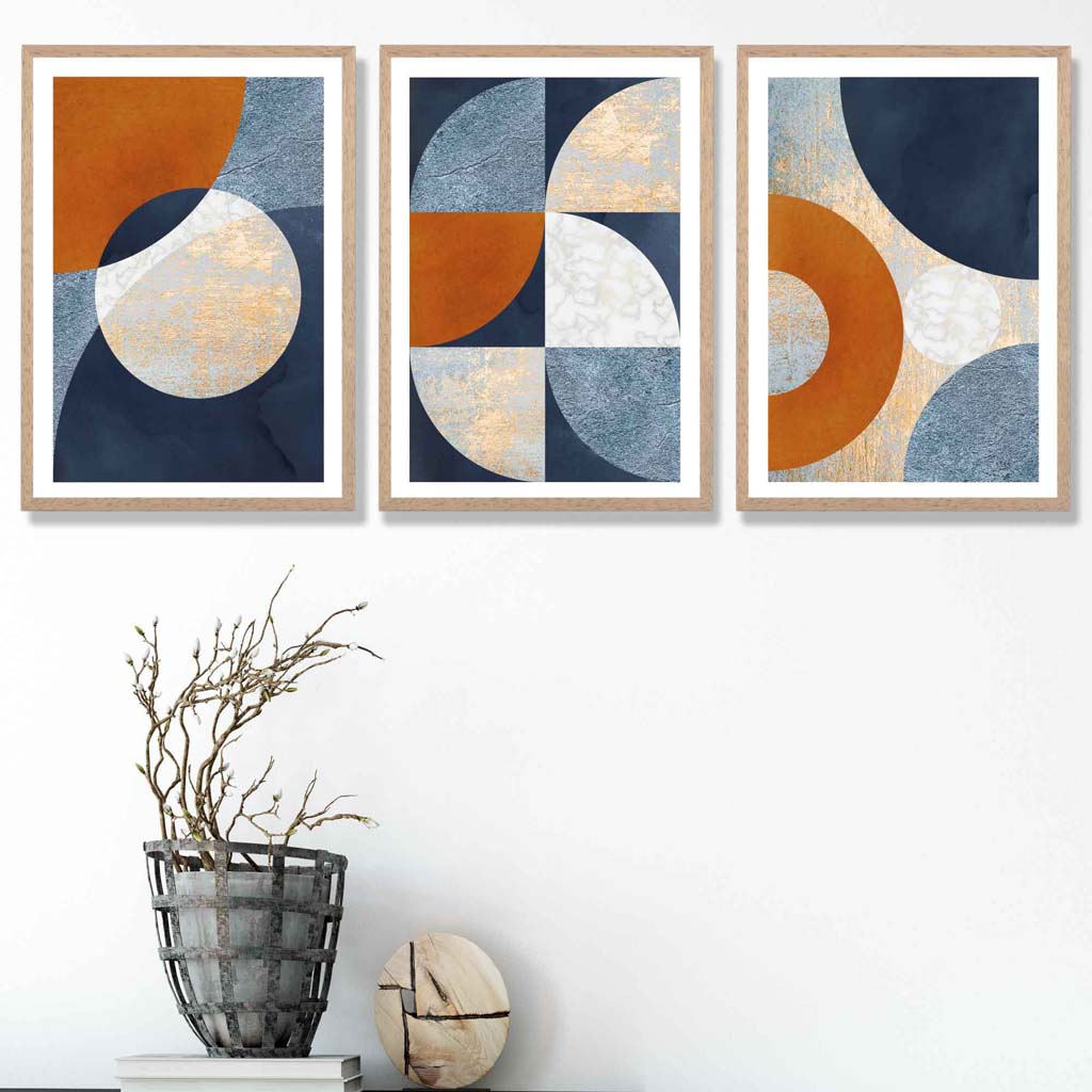 Abstract GEOMETRIC Set of 3 Navy Blue Orange and Gold Framed Art Prints | Bowlift