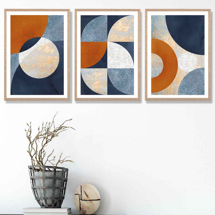 Abstract GEOMETRIC Set of 3 Navy Blue Orange and Gold Framed Art Prints | Bowlift