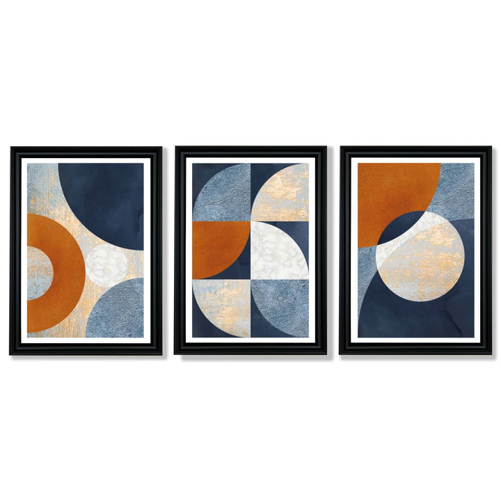 Abstract GEOMETRIC Set of 3 Navy Blue Orange and Gold Framed Art Prints | Bowlift