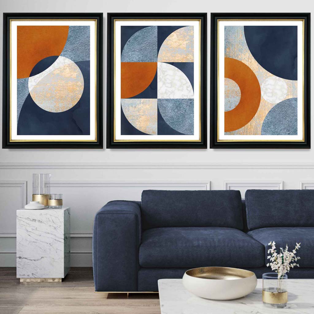 Abstract GEOMETRIC Set of 3 Navy Blue Orange and Gold Framed Art Prints | Bowlift