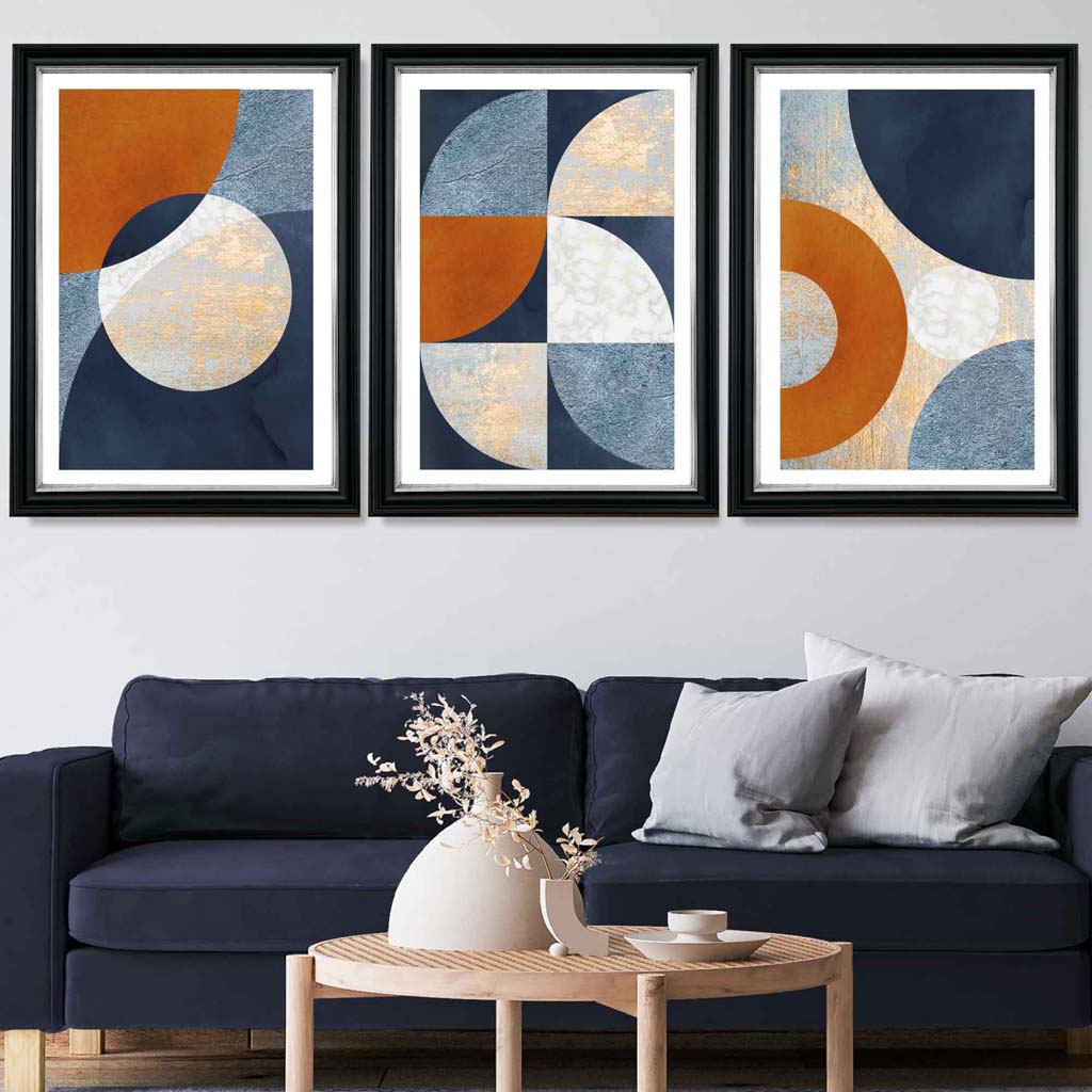 Abstract GEOMETRIC Set of 3 Navy Blue Orange and Gold Framed Art Prints | Bowlift