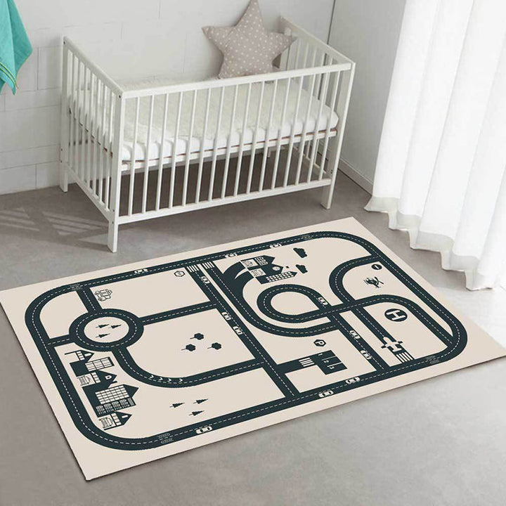 BowLift | Stylish street pattern carpet with building Beige children's carpet Polyester pet-friendly washable non-slip carpet for decoration