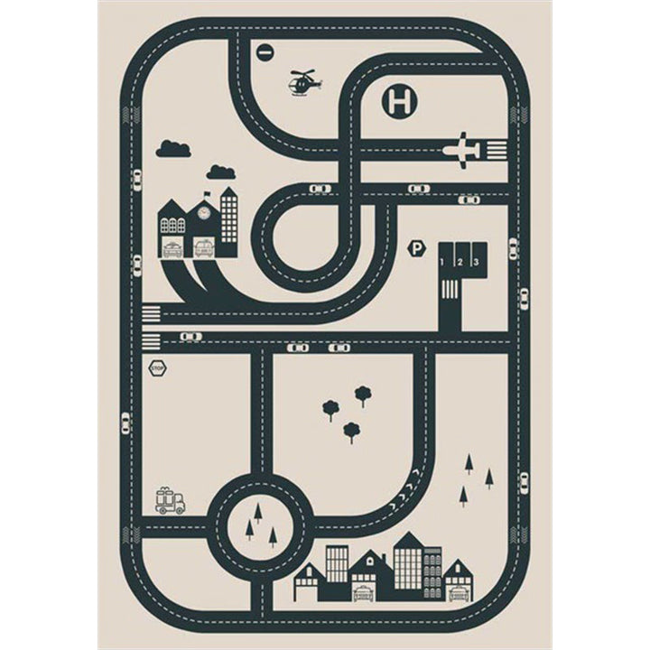 BowLift | Stylish street pattern carpet with building Beige children's carpet Polyester pet-friendly washable non-slip carpet for decoration