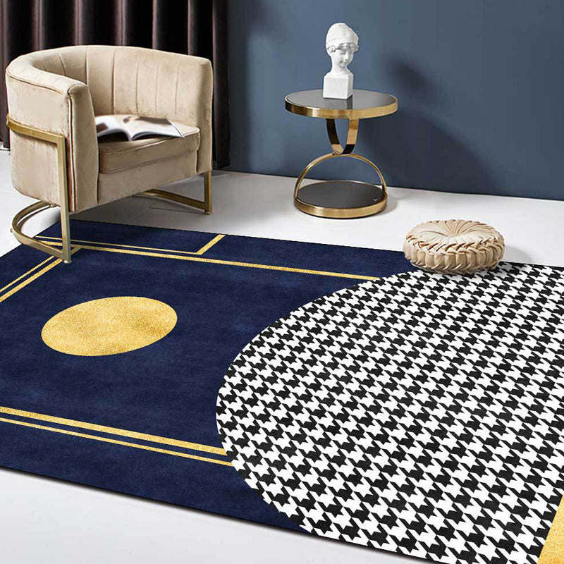 Blue geometric patterned rug with houndstooth polyester minimalist rug pet-friendly washable non-slip rug for the living room | Bowlift