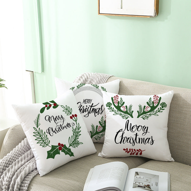 Festive Holiday Linen Throw Pillow Cover with Merry Christmas Script