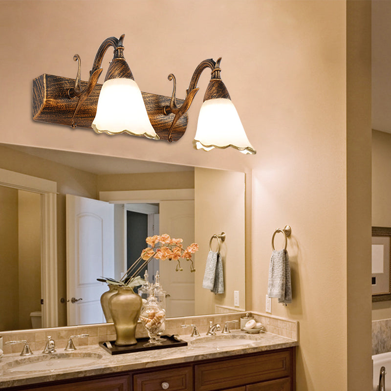 BowLift | Floral Opal Glass Wall Light Simple 2/3-Light Bronze/Weathered White Wall-Mounted Lighting with Curved Arm