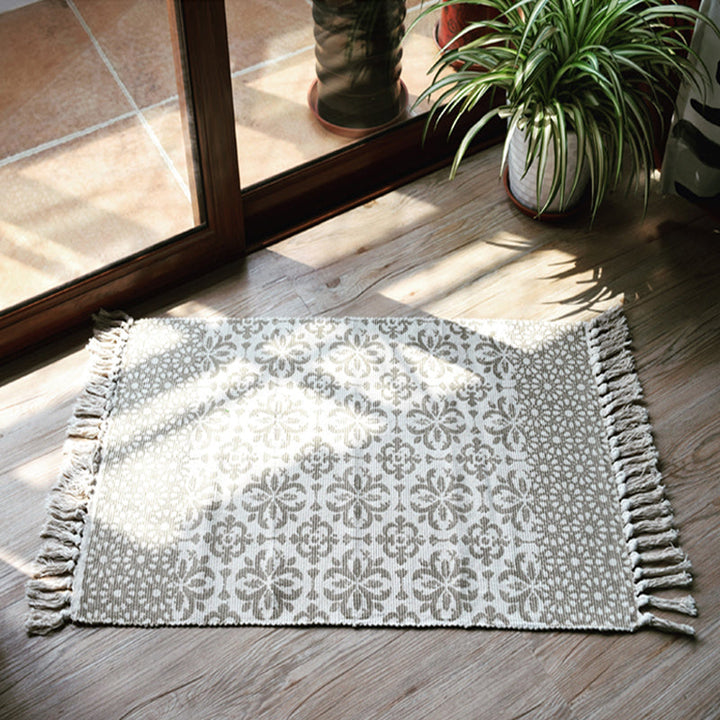 BowLift | Moroccan tribal flower pattern rug blue and gray cotton rug non-slip pet-friendly washable rug for the living room