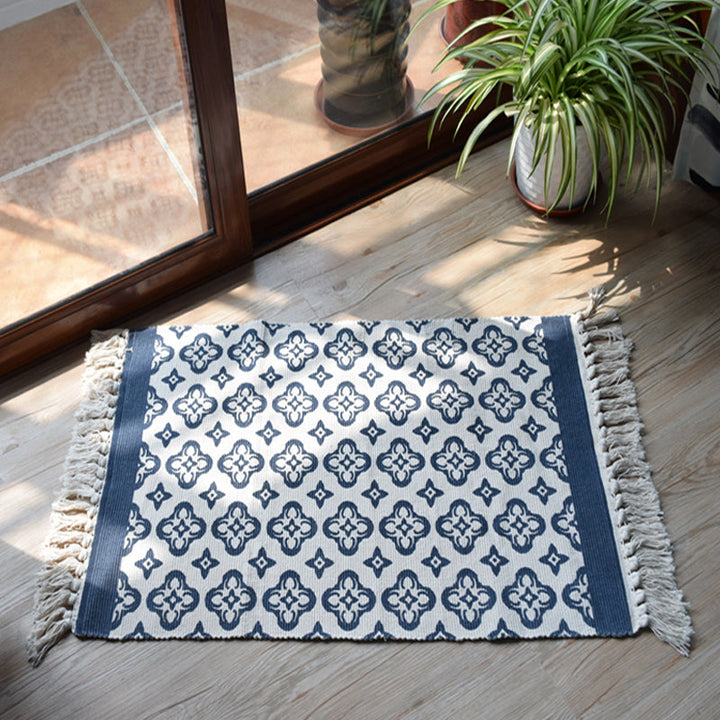 BowLift | Moroccan tribal flower pattern rug blue and gray cotton rug non-slip pet-friendly washable rug for the living room