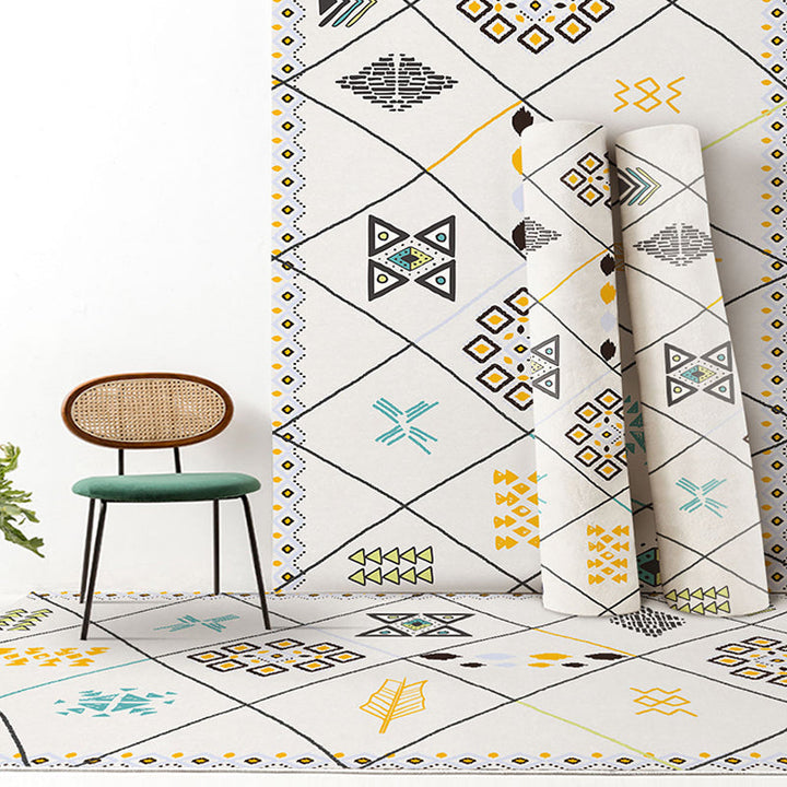 BowLift | Southwest living rug white tribal geometric patterns rug polyester washable non-slip pet-friendly rug