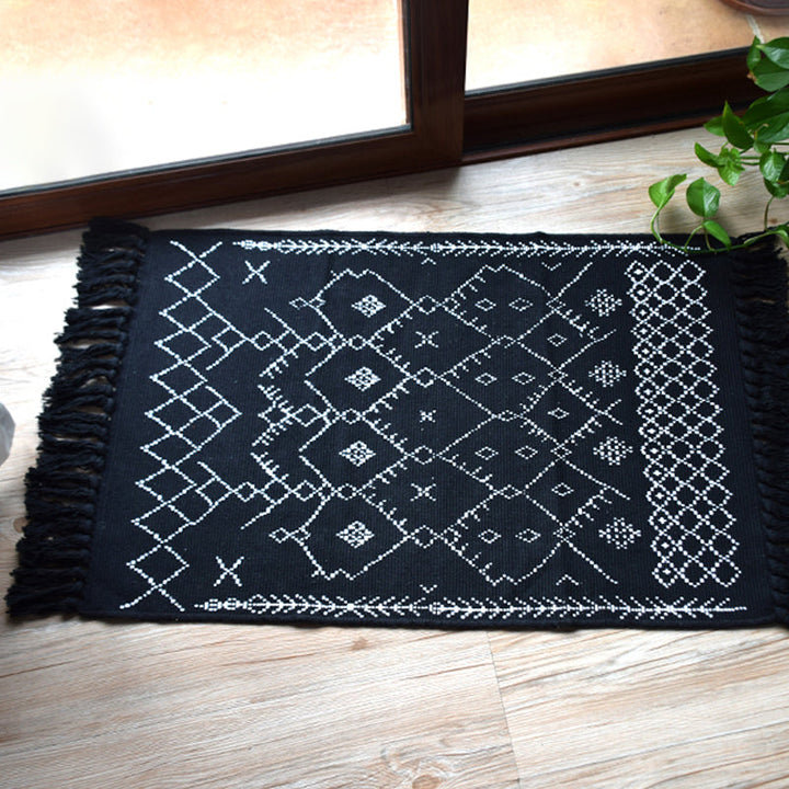 BowLift | Southwest Tribal Pattern Rug Blue and Black Cotton Rug Non-Slip Pet-Friendly Washable Rug for Living Room