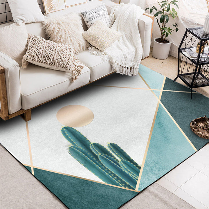 Green Bedroom Rug Modernist Geometric and Cactus Pattern Rug Polyester Non-Slip Back Washable Area Rug | Bowlift