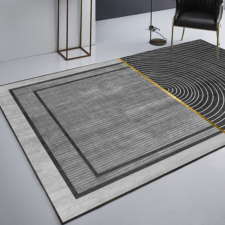 Black geometric patterned rug with stripes, modern area rug made of polyester, washable, non-slip backing rug for the study | Bowlift