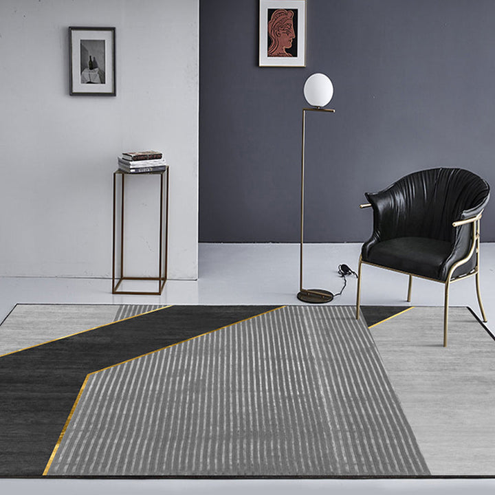 Black geometric patterned rug with stripes, modern area rug made of polyester, washable, non-slip backing rug for the study | Bowlift