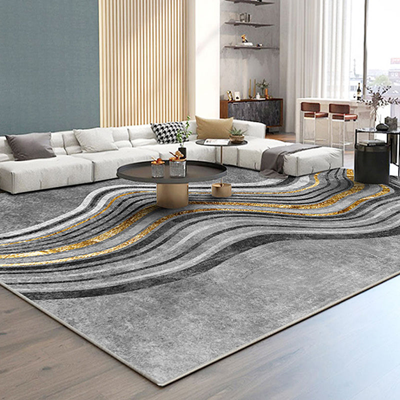 Modern bedroom rug Gray abstract swirl stripe pattern rug Polyester Washable Non-slip Pet-friendly rug | Bowlift