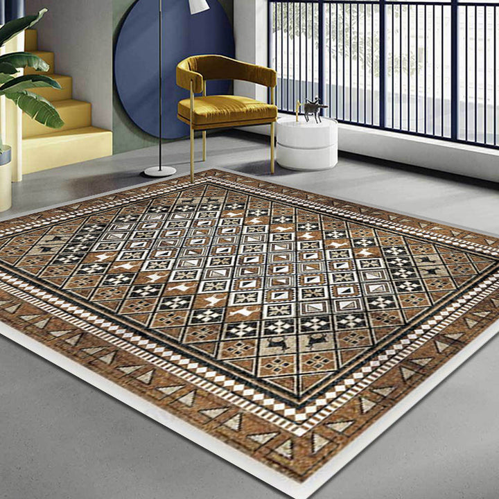 Moroccan Living Room Rug Brown Tribal Geometric Pattern Rug Polyester Washable Non-Slip Pet-Friendly Rug | Bowlift