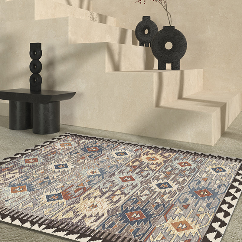 BowLift | Gray Tribal-Diamond Pattern Rug Polypropylene Bohemian Rug Washable Non-Slip Back Rug for Living Room