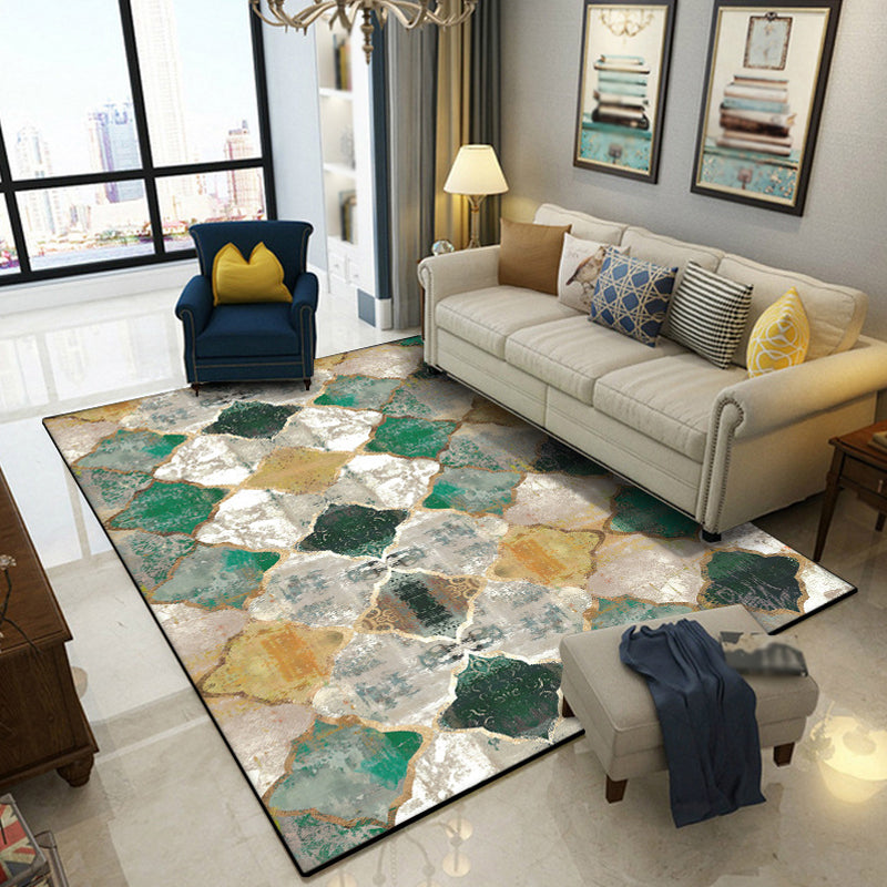 BowLift | Green Parlor Rug Moroccan Albany Geometric Ogee Pattern Rug Polyester Machine Washable Non-Slip Rug