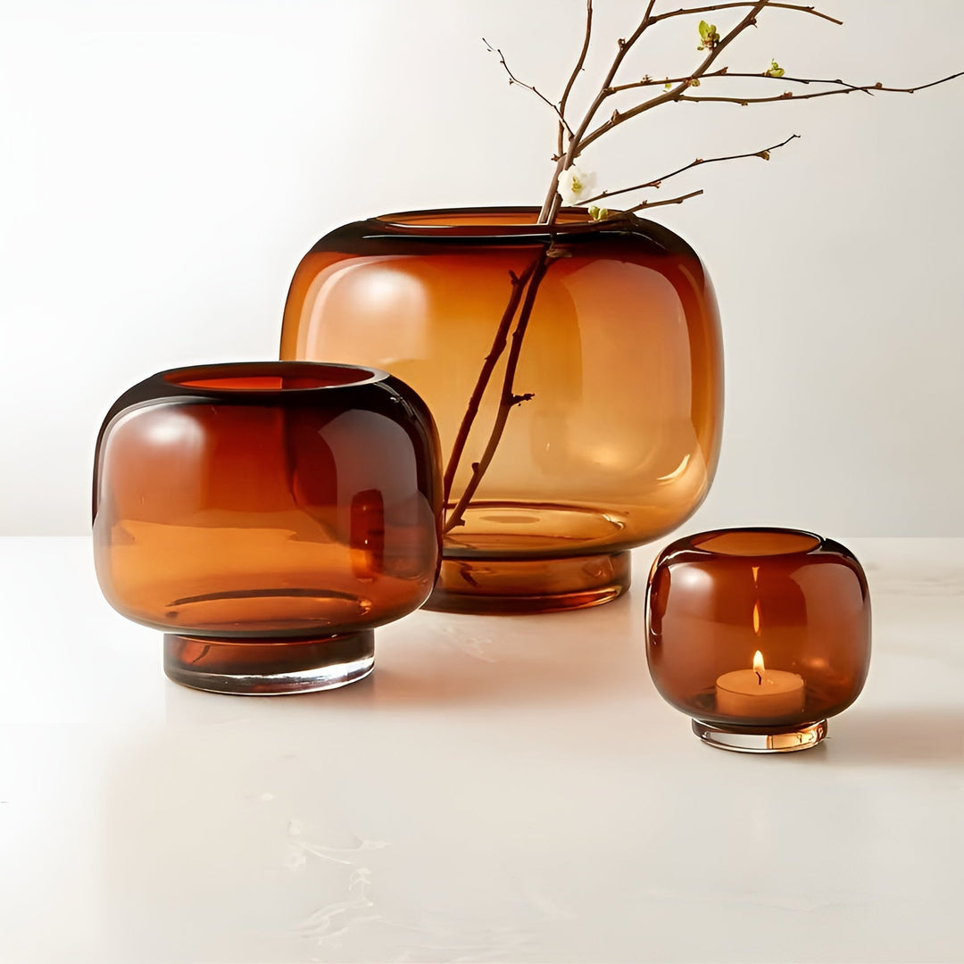 Glass Vase Hand Bowliftown – Minimalistic and Decorative | Transparent Design for Flowers, Hydroponics and Modern Living Spaces in Amber | Bowlift