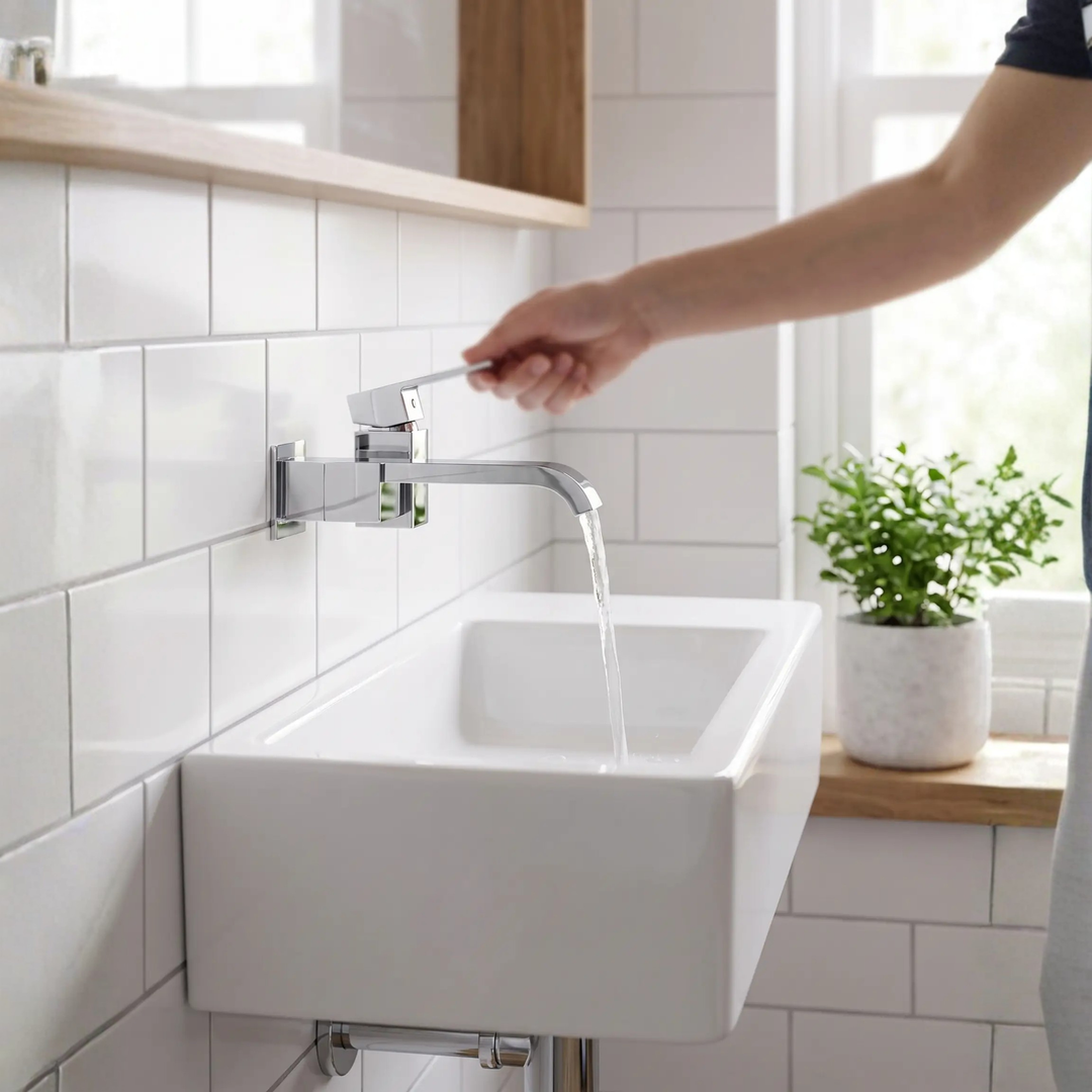 BowLift | Contemporary Wall Mounted Bathroom Faucet Lever Handles Low Arc Swivel Brass Faucet