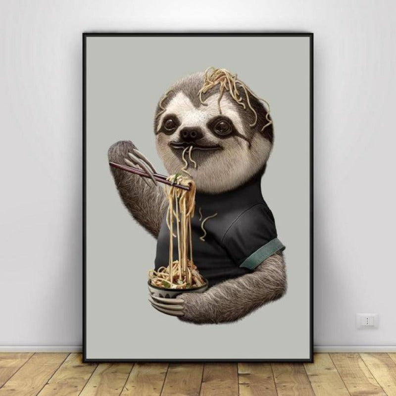 Sloth Eating Noodles - Canvas Wall Art Painting | Bowlift