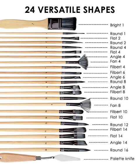 BowLift | Artist Paint Brush Set | 24 Nylon Brushes with 7 Shapes & Palette Knife | Acrylic, Oil & Watercolor