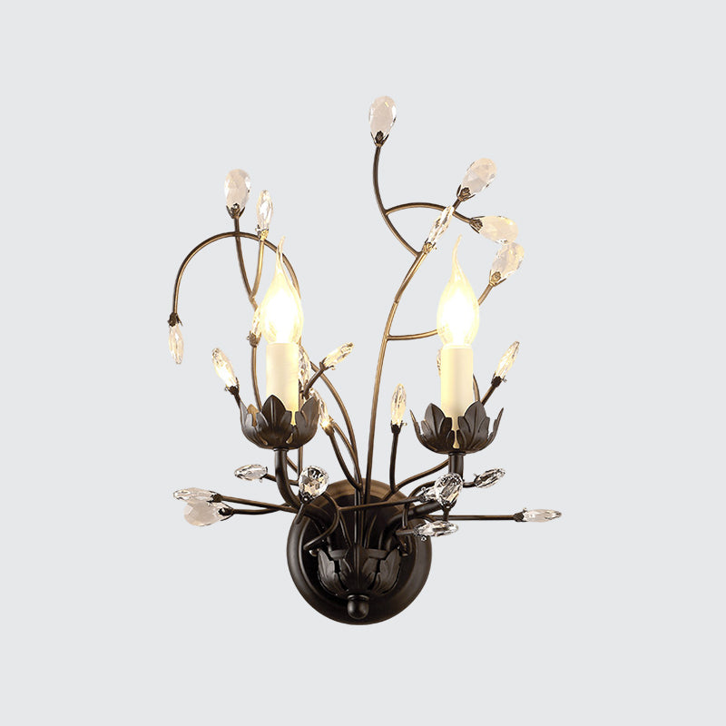 BowLift | 2-Lamp Candle Holder Wall Lamp Fixture Minimalism Black Crystal Wall Lamp with Branched Design