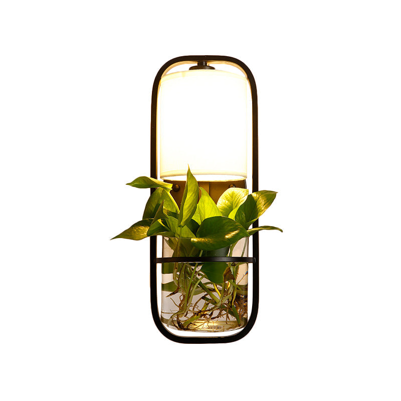 BowLift | 1 Bulb Cylindrical Wall Lamp Lodge Black/White/Gold Fabric Wall Light with Warm/White Light and Plant Pot