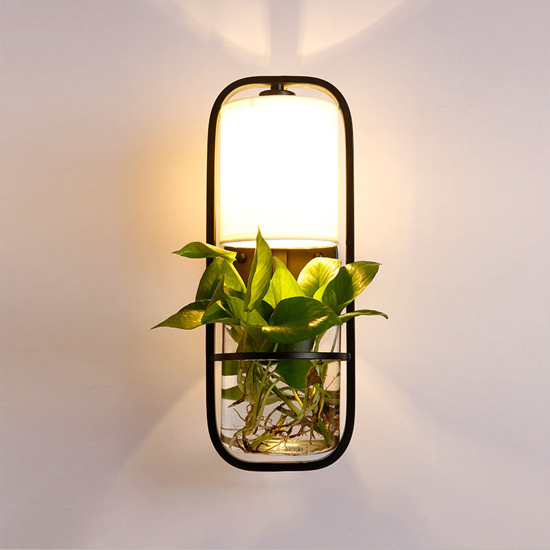 BowLift | 1 Bulb Cylindrical Wall Lamp Lodge Black/White/Gold Fabric Wall Light with Warm/White Light and Plant Pot