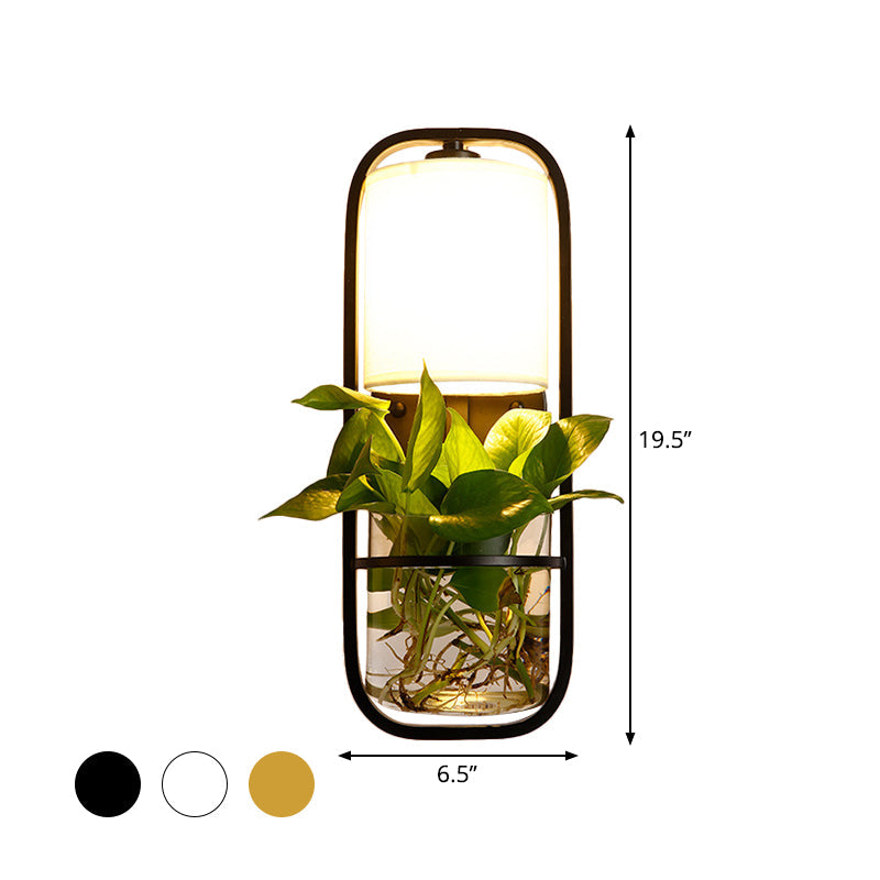 BowLift | 1 Bulb Cylindrical Wall Lamp Lodge Black/White/Gold Fabric Wall Light with Warm/White Light and Plant Pot