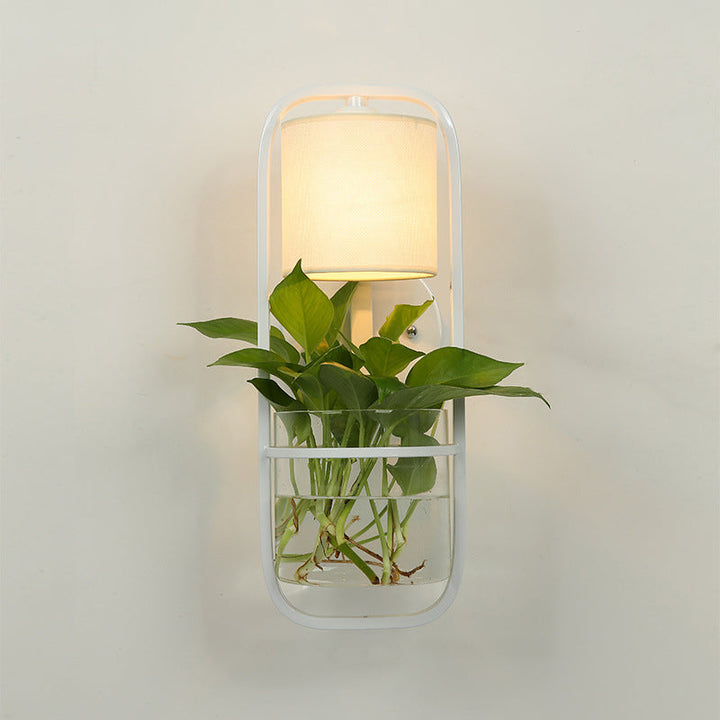 BowLift | 1 Bulb Cylindrical Wall Lamp Lodge Black/White/Gold Fabric Wall Light with Warm/White Light and Plant Pot